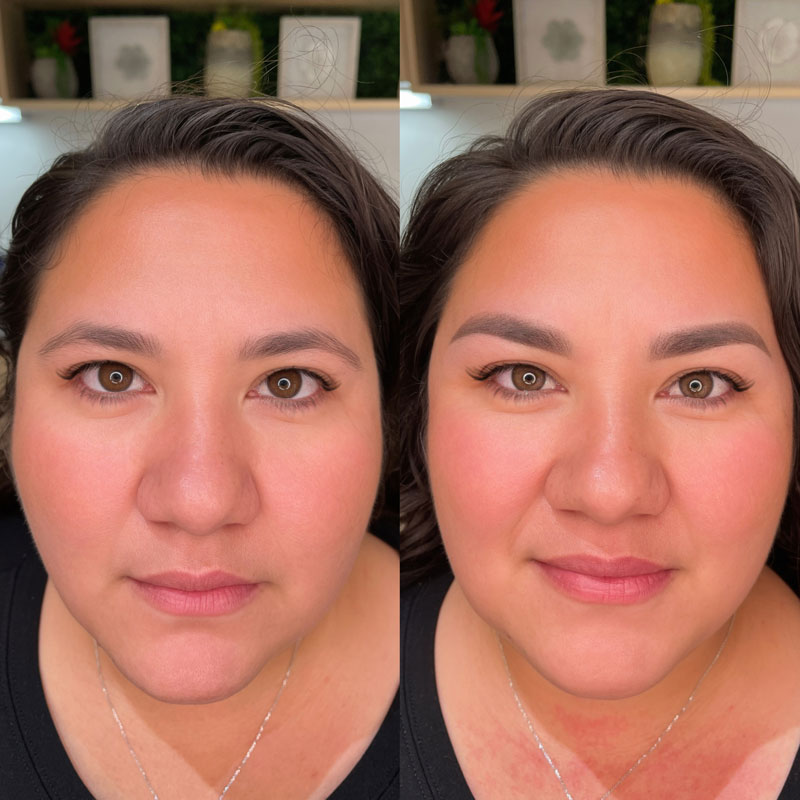 Makeup before and after showing enhanced eyes and complexion